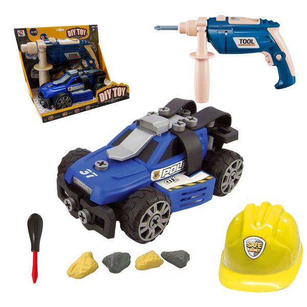 Police Car Toy Set DIY STEM Play Vehicle Take Apart Assembly Engine Electric Drill Tool Helmet Construction Building Toys Toddler Christmas Gift