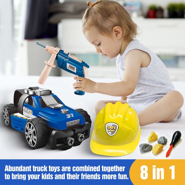 Police Car Toy Set DIY STEM Play Vehicle Take Apart Assembly Engine Electric Drill Tool Helmet Construction Building Toys Toddler Christmas Gift