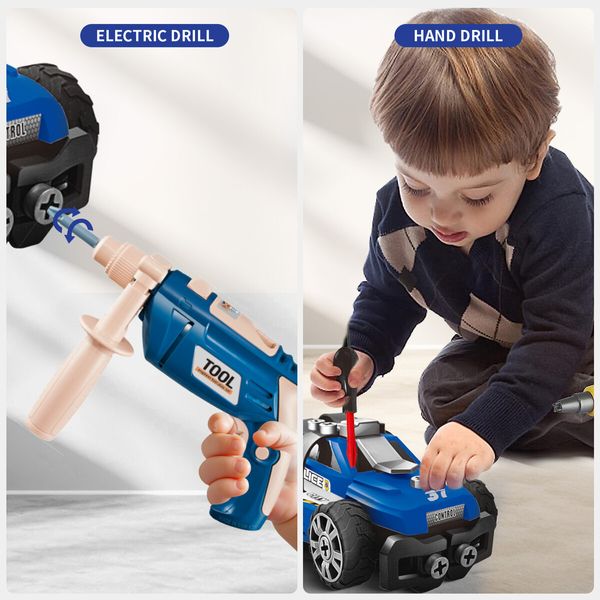 Police Car Toy Set DIY STEM Play Vehicle Take Apart Assembly Engine Electric Drill Tool Helmet Construction Building Toys Toddler Christmas Gift