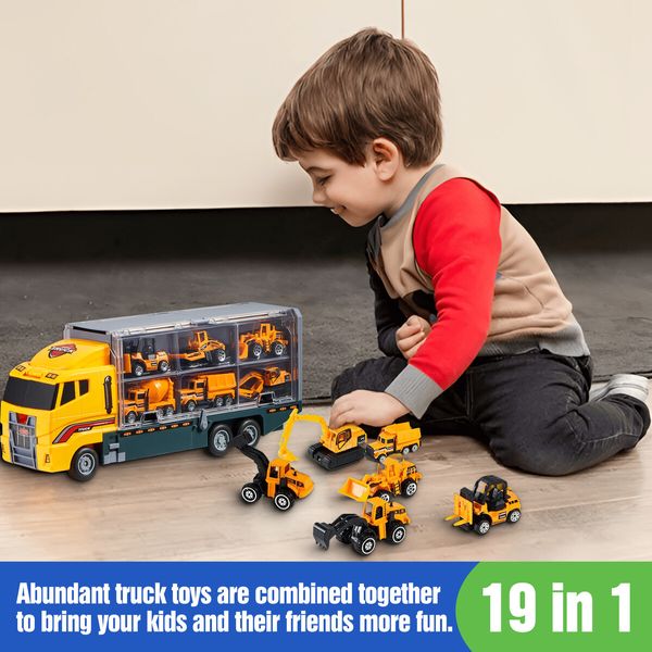 Construction Vehicle Mini Engineering Storage Truck Toys Play Set 19 In 1 Car Carrier Transport Excavator Forklift Crane Bulldozer Toddler Birthday Gift