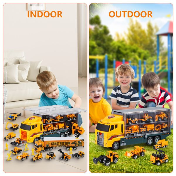 Construction Vehicle Mini Engineering Storage Truck Toys Play Set 19 In 1 Car Carrier Transport Excavator Forklift Crane Bulldozer Toddler Birthday Gift