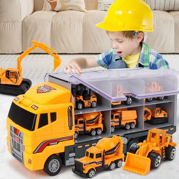 Construction Vehicle Mini Engineering Storage Truck Toys Play Set 19 In 1 Car Carrier Transport Excavator Forklift Crane Bulldozer Toddler Birthday Gift