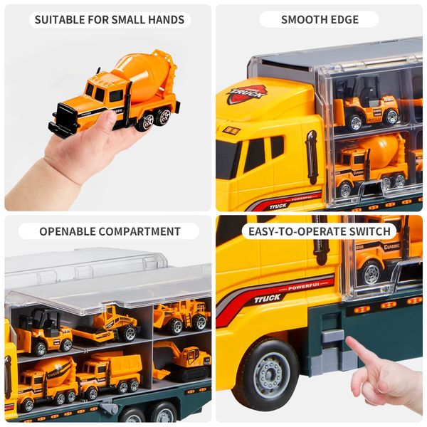 Construction Vehicle Mini Engineering Storage Truck Toys Play Set 19 In 1 Car Carrier Transport Excavator Forklift Crane Bulldozer Toddler Birthday Gift