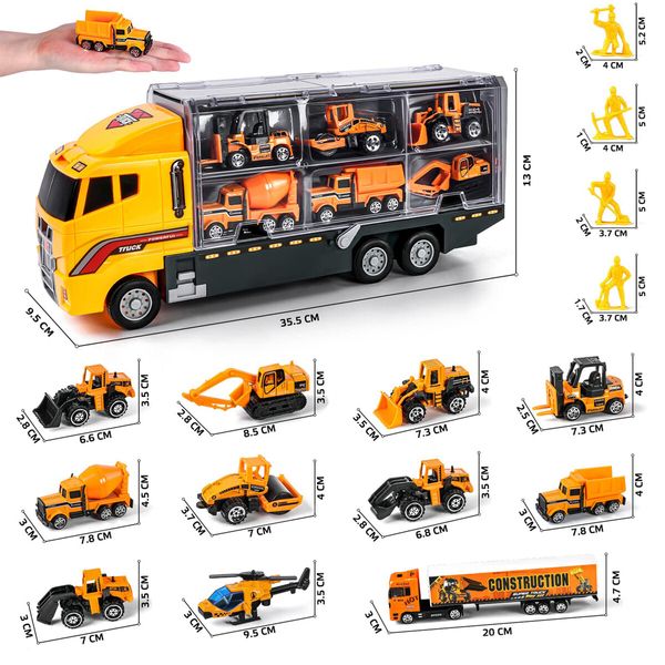 Construction Vehicle Mini Engineering Storage Truck Toys Play Set 19 In 1 Car Carrier Transport Excavator Forklift Crane Bulldozer Toddler Birthday Gift