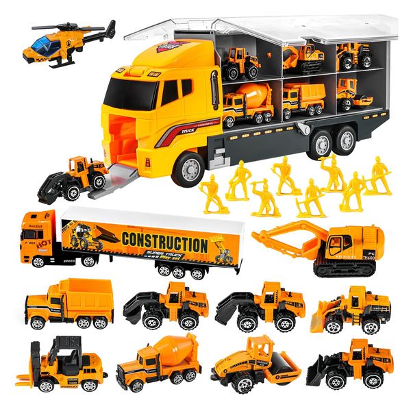 Construction Vehicle Mini Engineering Storage Truck Toys Play Set 19 In 1 Car Carrier Transport Excavator Forklift Crane Bulldozer Toddler Birthday Gift