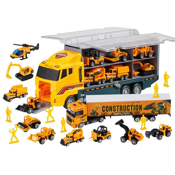 Construction Vehicle Mini Engineering Storage Truck Toys Play Set 19 In 1 Car Carrier Transport Excavator Forklift Crane Bulldozer Toddler Birthday Gift