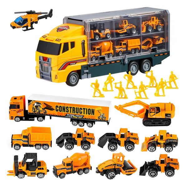 Construction Vehicle Mini Engineering Storage Truck Toys Play Set 19 In 1 Car Carrier Transport Excavator Forklift Crane Bulldozer Toddler Birthday Gift