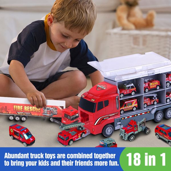 18 In 1 Fire Carrier Engine Rescue Storage Truck Toy Car Set Toddler Construction Emergency Vehicle Model Mini Firetruck Power Christmas Birthday Gift