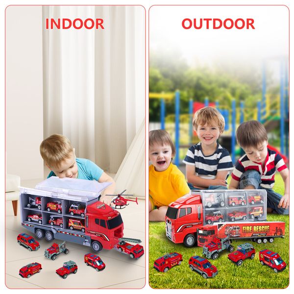 18 In 1 Fire Carrier Engine Rescue Storage Truck Toy Car Set Toddler Construction Emergency Vehicle Model Mini Firetruck Power Christmas Birthday Gift