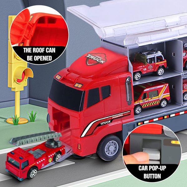 18 In 1 Fire Carrier Engine Rescue Storage Truck Toy Car Set Toddler Construction Emergency Vehicle Model Mini Firetruck Power Christmas Birthday Gift