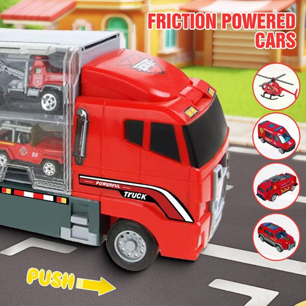 18 In 1 Fire Carrier Engine Rescue Storage Truck Toy Car Set Toddler Construction Emergency Vehicle Model Mini Firetruck Power Christmas Birthday Gift