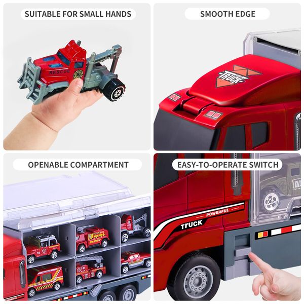 18 In 1 Fire Carrier Engine Rescue Storage Truck Toy Car Set Toddler Construction Emergency Vehicle Model Mini Firetruck Power Christmas Birthday Gift