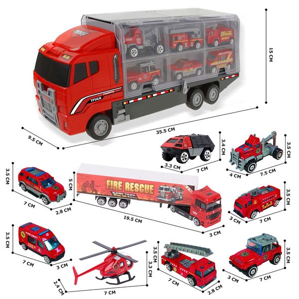 18 In 1 Fire Carrier Engine Rescue Storage Truck Toy Car Set Toddler Construction Emergency Vehicle Model Mini Firetruck Power Christmas Birthday Gift