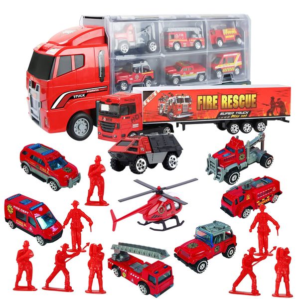 18 In 1 Fire Carrier Engine Rescue Storage Truck Toy Car Set Toddler Construction Emergency Vehicle Model Mini Firetruck Power Christmas Birthday Gift