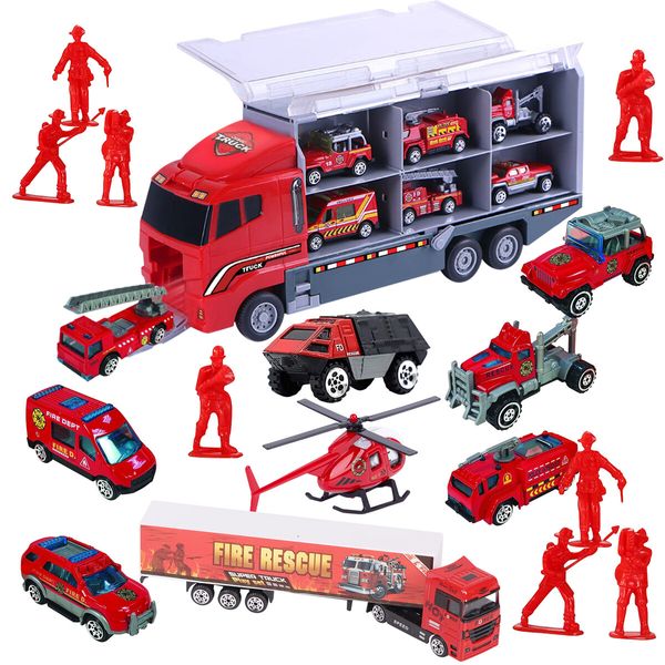 18 In 1 Fire Carrier Engine Rescue Storage Truck Toy Car Set Toddler Construction Emergency Vehicle Model Mini Firetruck Power Christmas Birthday Gift