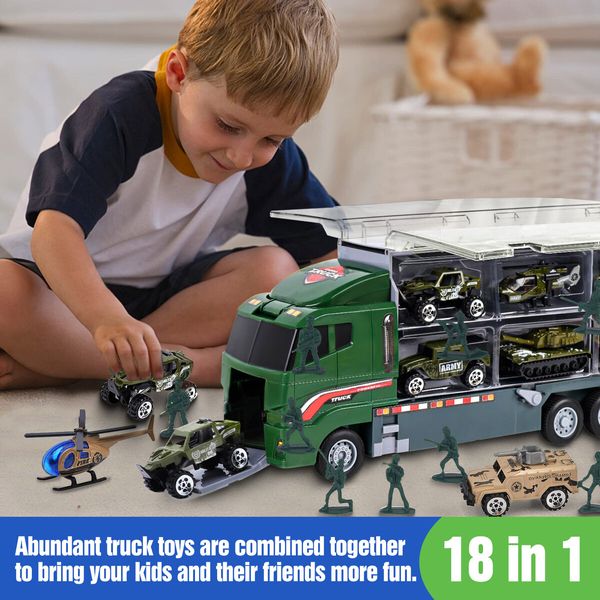 Army Truck Toy Car Military Force Model Carrier Storage Play Set Toddler Boys Gift Tank Jeep Mini Helicopter Vehicle Transport Battlefield Soldiers 18 In 1