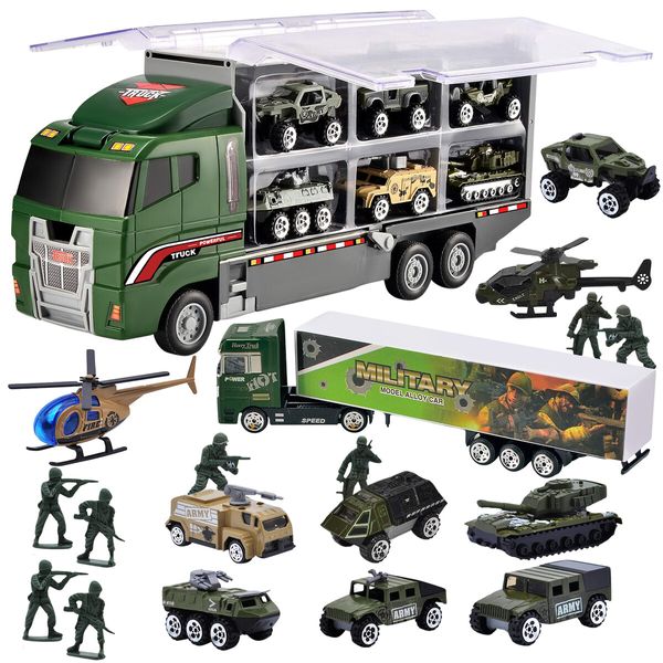 Army Truck Toy Car Military Force Model Carrier Storage Play Set Toddler Boys Gift Tank Jeep Mini Helicopter Vehicle Transport Battlefield Soldiers 18 In 1