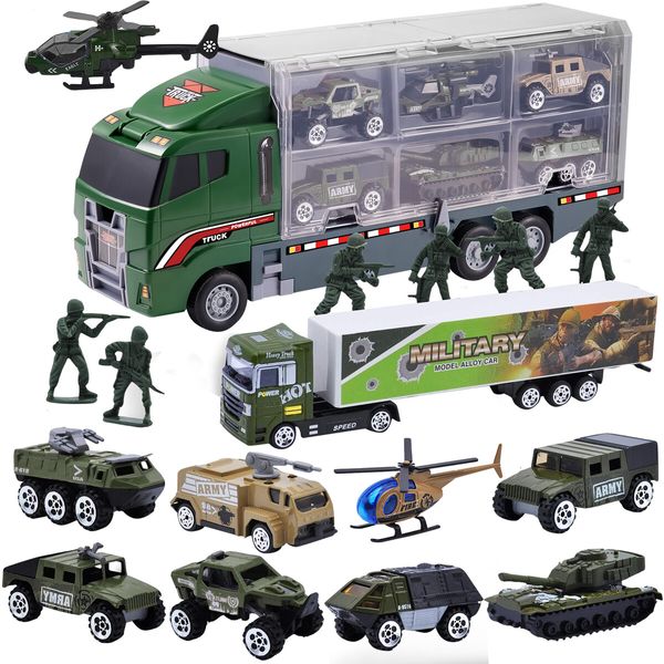 Army Truck Toy Car Military Force Model Carrier Storage Play Set Toddler Boys Gift Tank Jeep Mini Helicopter Vehicle Transport Battlefield Soldiers 18 In 1