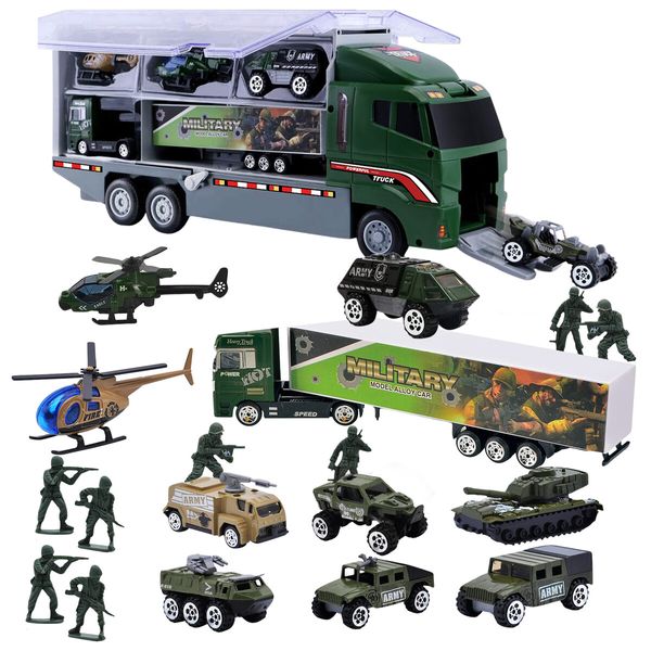 Army Truck Toy Car Military Force Model Carrier Storage Play Set Toddler Boys Gift Tank Jeep Mini Helicopter Vehicle Transport Battlefield Soldiers 18 In 1