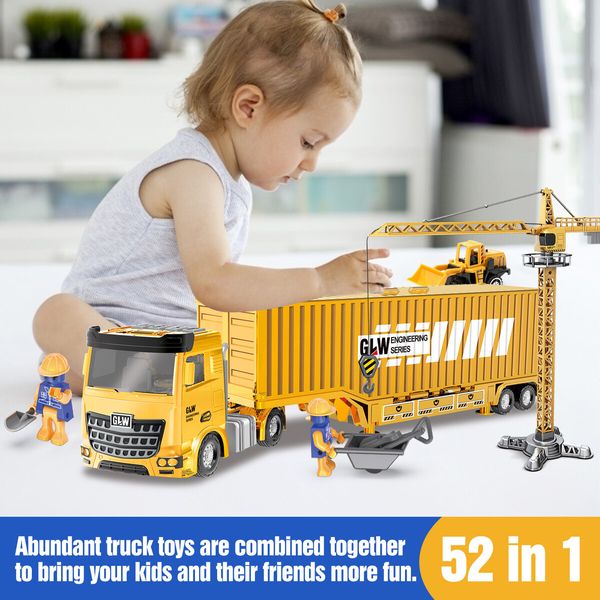 Construction Truck Storage Toy Car Play Set Toddler Boys Engineering Vehicle Model Excavator Tower Crane with Light Sound Power Christmas Birthday Gift