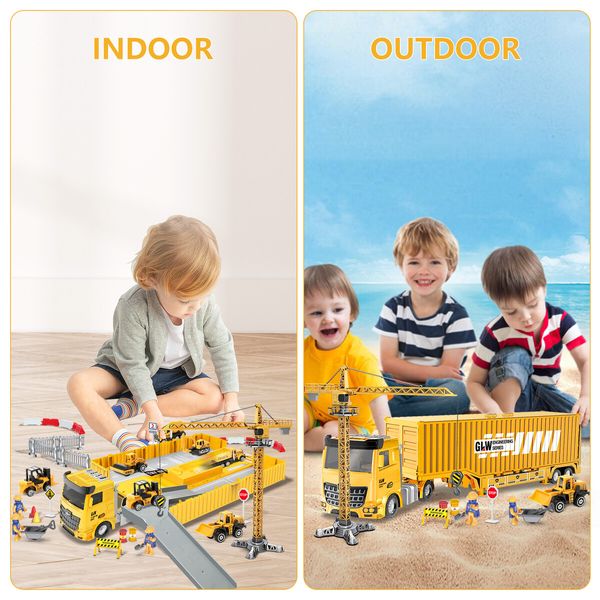 Construction Truck Storage Toy Car Play Set Toddler Boys Engineering Vehicle Model Excavator Tower Crane with Light Sound Power Christmas Birthday Gift