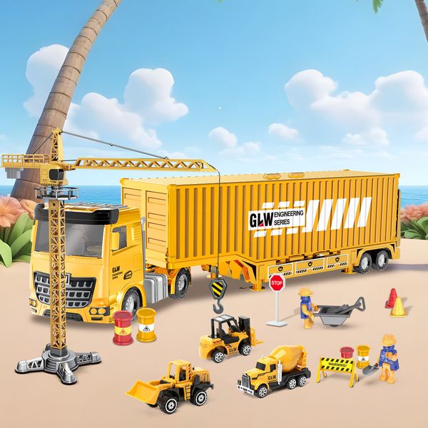 Construction Truck Storage Toy Car Play Set Toddler Boys Engineering Vehicle Model Excavator Tower Crane with Light Sound Power Christmas Birthday Gift