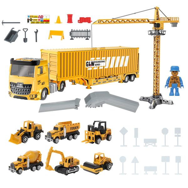 Construction Truck Storage Toy Car Play Set Toddler Boys Engineering Vehicle Model Excavator Tower Crane with Light Sound Power Christmas Birthday Gift