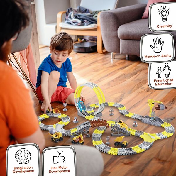 Race Track Toys Construction Truck Electric Car Play Vehicle Set Engine Road Rail Park Game Toddler Boy Christmas Gift 279 Pieces Roller Coaster