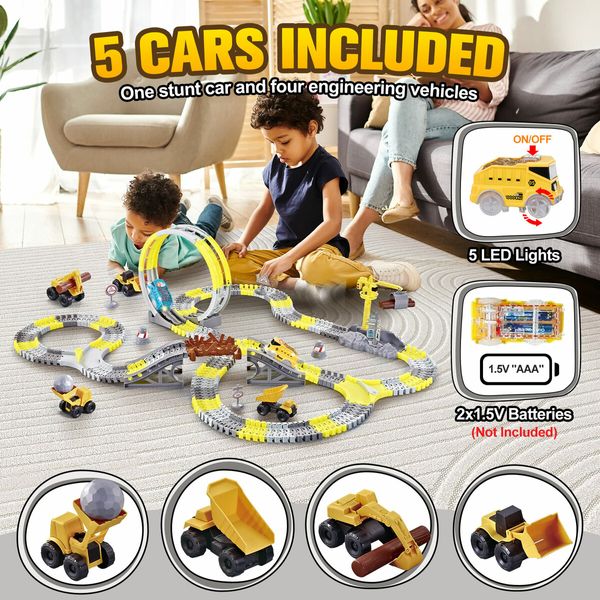 Race Track Toys Construction Truck Electric Car Play Vehicle Set Engine Road Rail Park Game Toddler Boy Christmas Gift 279 Pieces Roller Coaster