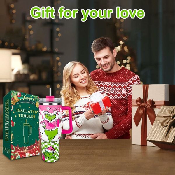 40 oz Christmas Grinchi Tumbler with Handle and Straw, Stainless Steel Tumbler with Lid Straw, Car Mug Sports Travel Christmas Gift