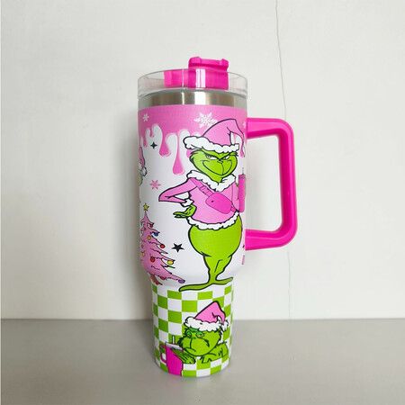 40 oz Christmas Grinchi Tumbler with Handle and Straw, Stainless Steel Tumbler with Lid Straw, Car Mug Sports Travel Christmas Gift