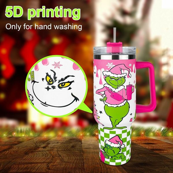 40 oz Christmas Grinchi Tumbler with Handle and Straw, Stainless Steel Tumbler with Lid Straw, Car Mug Sports Travel Christmas Gift