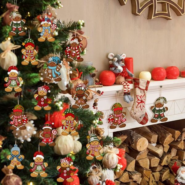 36 Pcs Christmas Gingerbread Man Wooden Hanging Ornaments Set Vintage Distressed Style Gingerbread Man Wooden Decoration