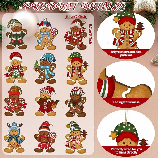 36 Pcs Christmas Gingerbread Man Wooden Hanging Ornaments Set Vintage Distressed Style Gingerbread Man Wooden Decoration