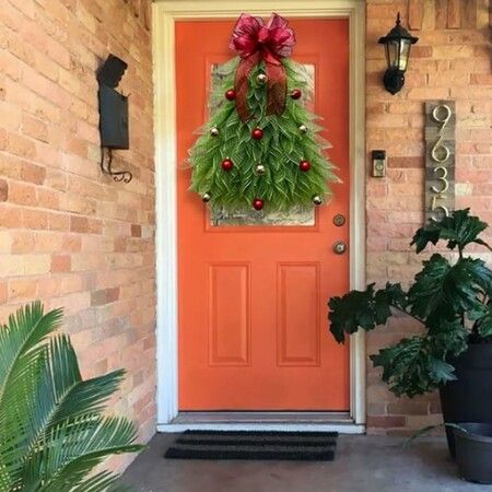 Christmas Tree Wreath for Front Door, Christmas Tree Cross, Christmas Glow Wreath, Front Door Wreath with Ball Ornsments for Christmas Decoration