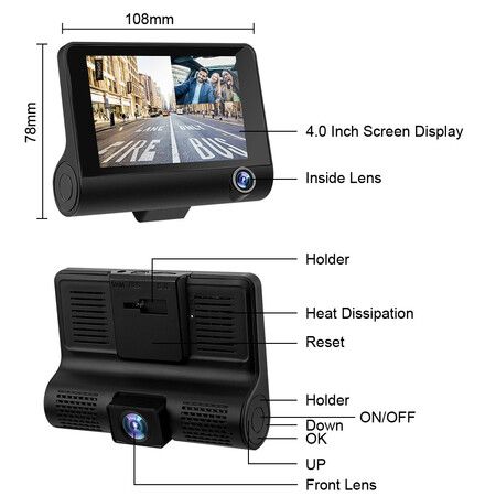 Lens Car Dash Camera Front Inside Rear Camera Car Camera Wide Angle Looping Recording G-Sensor Max Support Card HDR Motion Detection