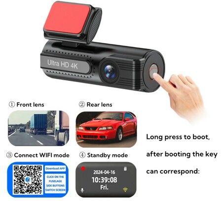 4K Ultra HD Vehicle Camera WiFi Mobile Sync GPS Dual Channel Recorder Driving Monitor 1.47 IPS Display Wide View Night Vision Motion Detection