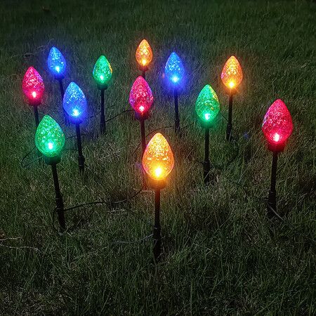 12 Pack C9 Christmas Decorations Outdoor Waterproof, Solar Christmas Path Lights with Pathway Marker Stakes, Solar Powered Lights for Outside Yard