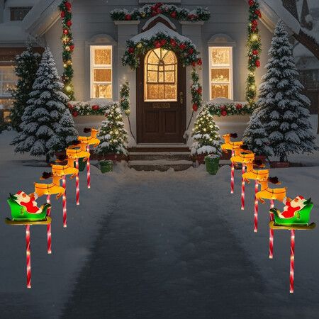 Solar Christmas Pathway Lights, 8 Light Modes, Santa Sleigh and Reindeer Outdoor Decoration, Christmas Yard Lights