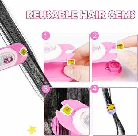 Kids Hair Gem Stamper Braid Kit   Bling Hair Jewels for Girls Hair Styling Tool with Reusable Shining Diamonds Christmas Birthday Gifts Kids Ages 3+