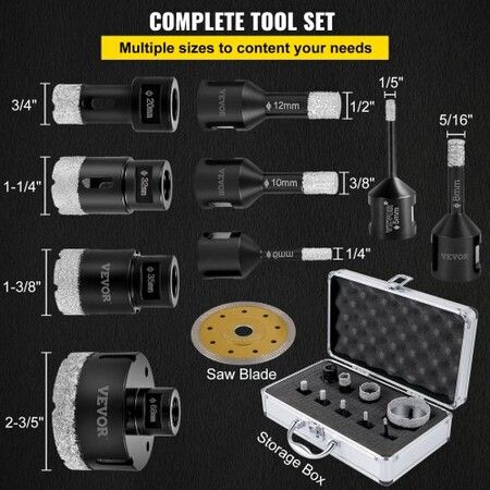 Diamond Drill Bits 9PCS Diamond Hole Saw 5/6/8/10/12/20/32/35/68mm Tile Hole Saw Kit Vacuum Brazed Diamond Drill Bit 0.59in Segment Tile Hole Saw w Storage Case for Tile Ceramic Porcelain Marble