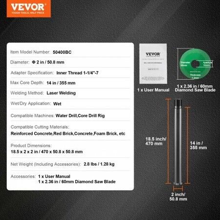 Core Drill Bit, 2" Wet Diamond Core Drill Bits, 14" Drilling Depth Concrete Core Drill Bit with Saw Blade, 1-1/4"-7 Inner Thread, Laser Welding, Diamond Wet Coring Bit for Concrete Brick