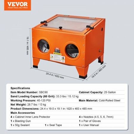 25 Gallon Sandblasting Cabinet, 40-120PSI Portable Benchtop Sand Blasting Cabinet, Heavy Duty Steel Sand Blaster with Blasting Gun & 4 Ceramic Nozzles for Paint, Stain, Rust Removal