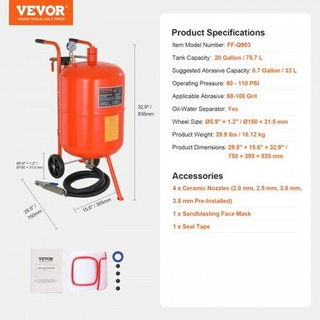 20 Gallon Sand Blaster 60-110 PSI High Pressure Sandblaster with 4 Nozzles