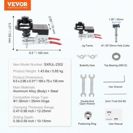 35 mm Concealed Door Hinge Jig, Aluminum Alloy Cabinet Hinge Jig, Accurate Locking Dual Clamp Fixation Hinge Drill Jig with Accessories, Woodworking Tool for Doors Cabinets Hinges Mounting