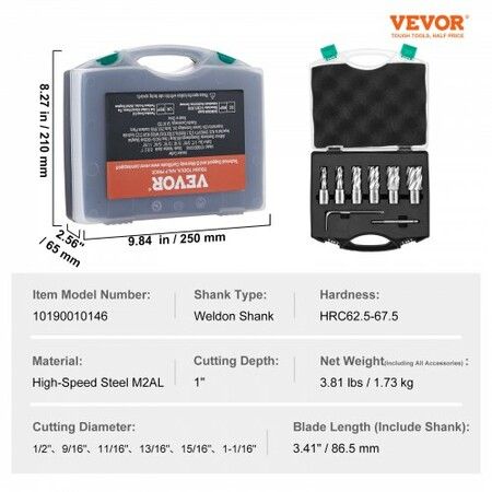 Annular Cutter Set, 6 pcs Weldon Shank Mag Drill Bits, 1" Cutting Depth, 1/2" to 1-1/16" Cutting Diameter, M2AL High-Speed Steel, with Pilot Pin and Portable Case, for Using with Magnetic Drills