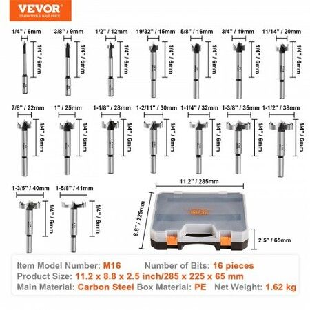 Forstner Bit Set, 16 Pcs Forstner Drill Bits Set, 1/4" to 1-5/8", Carbon Steel, with Universal Round Shank, Forstner Drill Bit for Wood and Composite Board, Forstner Bits for Woodworking