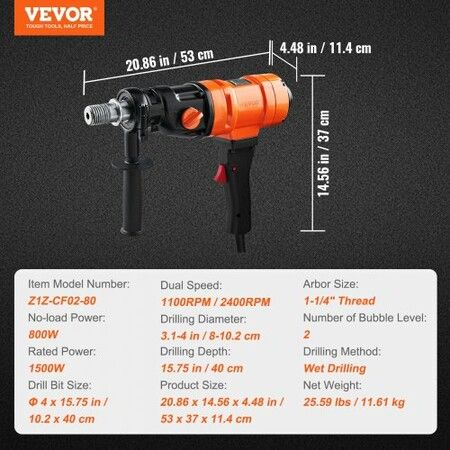 Diamond Core Drilling Machine, 4in Handheld Wet Concrete Core Drill Rig, 1100-2400RPM Two Speed & 1-1/4" Thread & 2 Bubble Levels, 3-4in Drilling Diameter for Concrete Brick Block Stone, 1500W