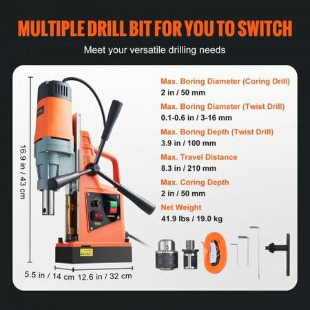 Magnetic Drill, 1550W 1.57" Boring Diameter, 2922lbf/13000N Portable Electric Mag Drill Press with Variable Speed, 500 RPM Drilling Machine for any Surface Home Improvement Industry Railway