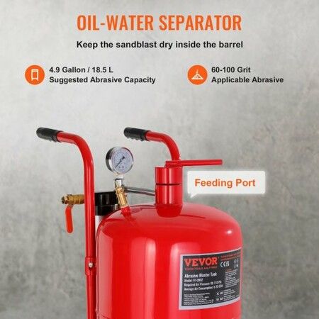 10Gal/40L Sandblaster Equipped w/Nozzle Shut-Off Valve Pressure Gauge Ceramic Nozzle Rubber Wheels Grit Power Sand Blasters Portable Sandblasting Equipment